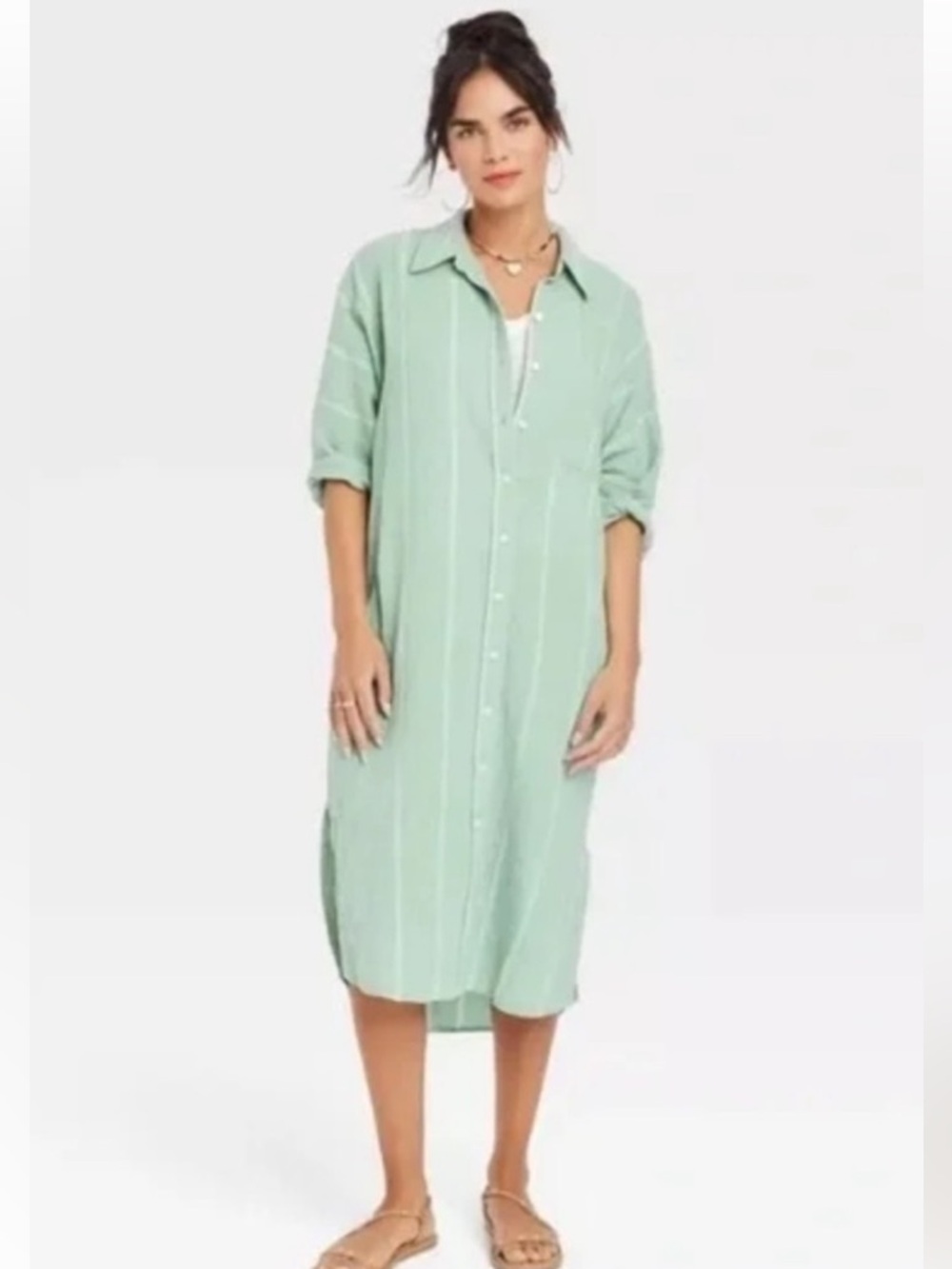 Mint-Green Button-Front Cotton Midi Shirt Dress NWT